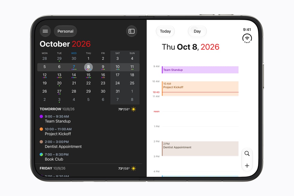 Fantastical showing calendars, tasks and menus together on the inner display of iPhone Duo