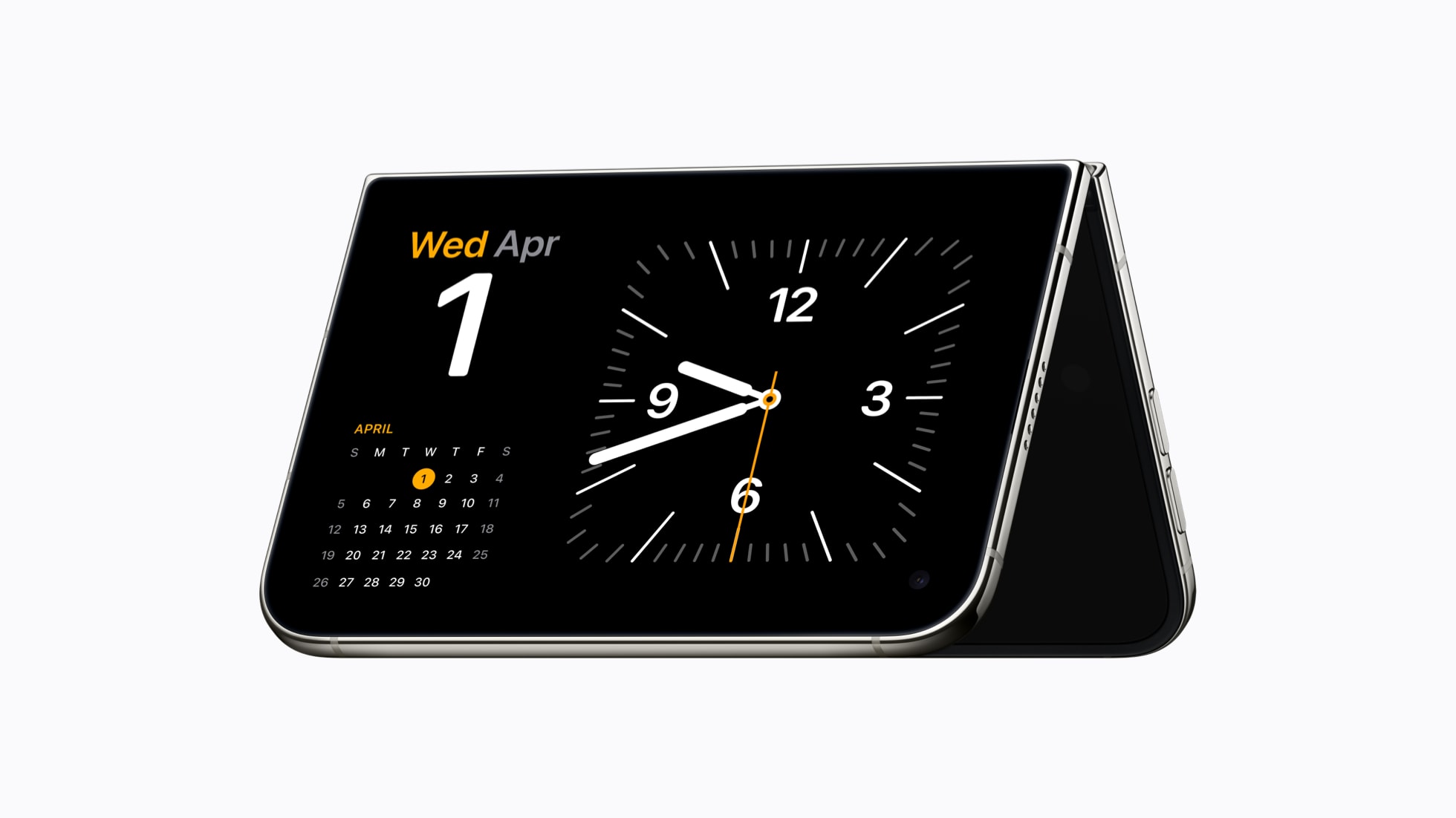 iPhone Duo partially folded and standing on a table in the tent position with a clock and calendar on the outer display