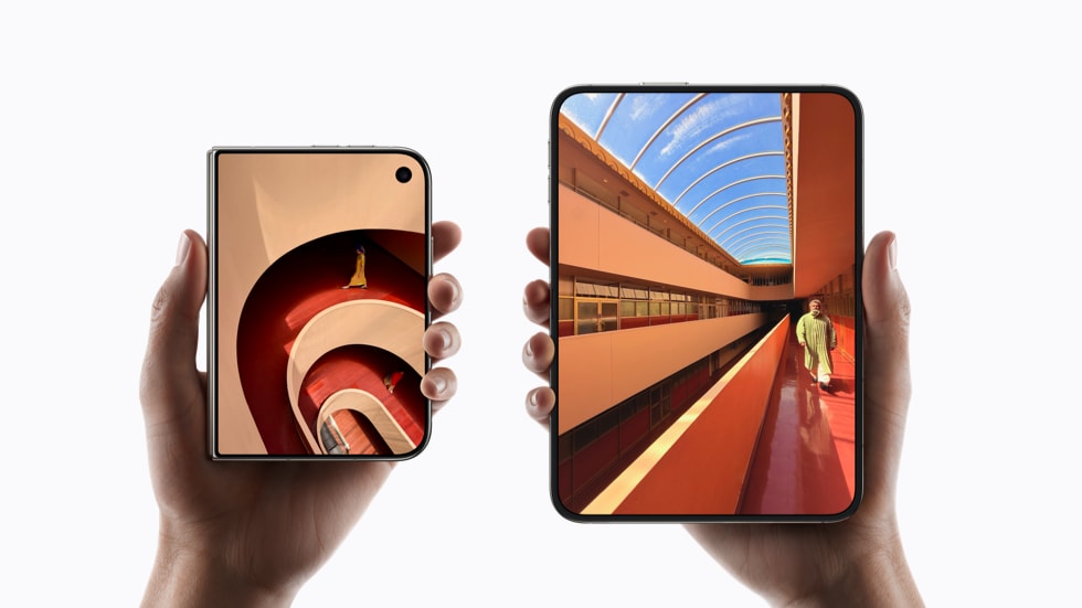 iPhone Duo vs iPad mini: the foldable iPhone held open and folded in two hands