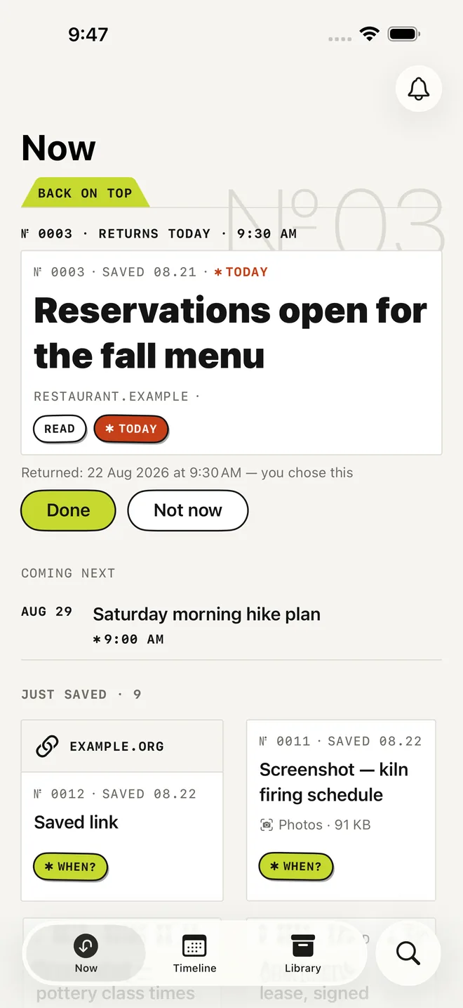 Laytr for iPhone Returns Your Saved Links on the Day You Choose 4 Laytr Now tab with a returned article staged at the top and saved items waiting for a return time