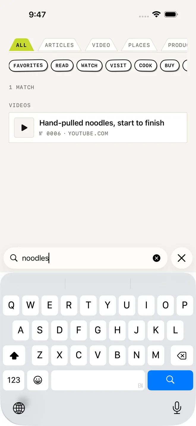 Laytr for iPhone Returns Your Saved Links on the Day You Choose 5 Laytr search results with matching words highlighted inside article text and inside the text read from a saved screenshot