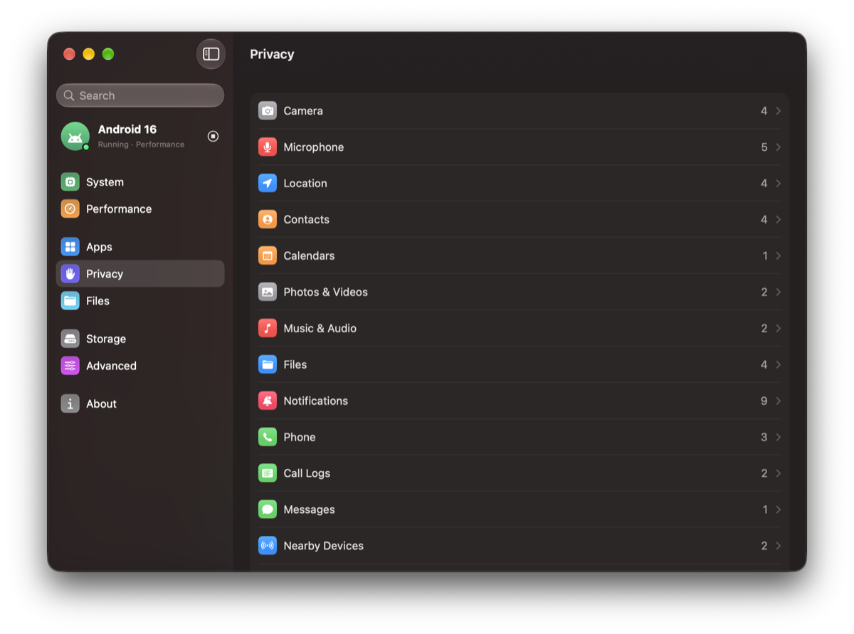 Mac Android Subsystem Settings Privacy pane showing which Android apps can use the camera, microphone and location