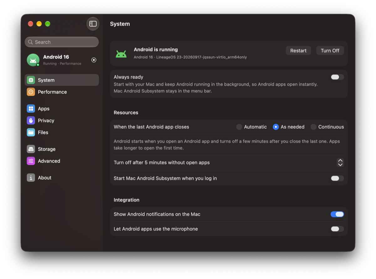 Mac Android Subsystem Settings window on a Mac showing Android running with a searchable sidebar