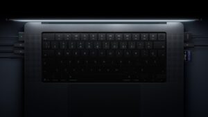 MacBook Pro with PROLED XDR Display showing its Thunderbolt 5, HDMI and SDXC ports