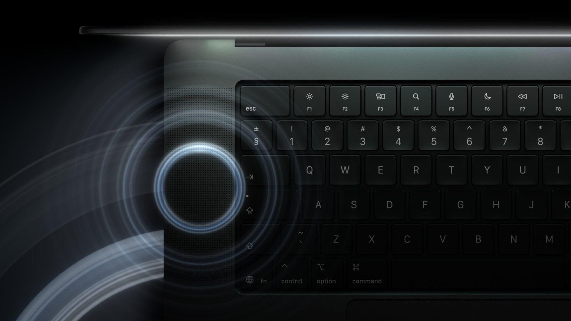 Close-up of the six-speaker audio system on the MacBook Pro with PROLED XDR Display