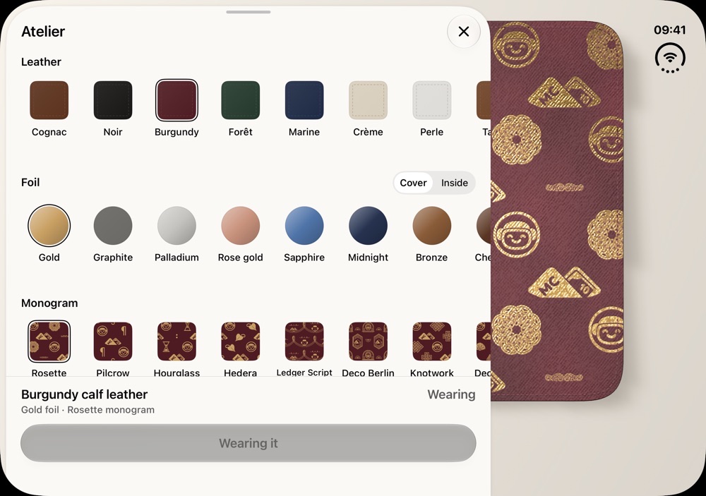 MoneyCoach Atelier on iPhone Duo showing leather, foil and monogram choices for the 3D wallet