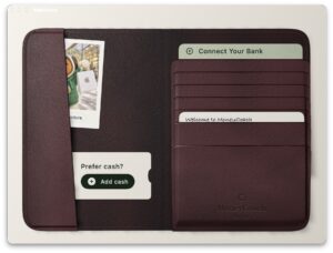 MoneyCoach 3D leather wallet open on the iPhone Duo inner display, with a photo in the left pocket and seven card pockets on the right