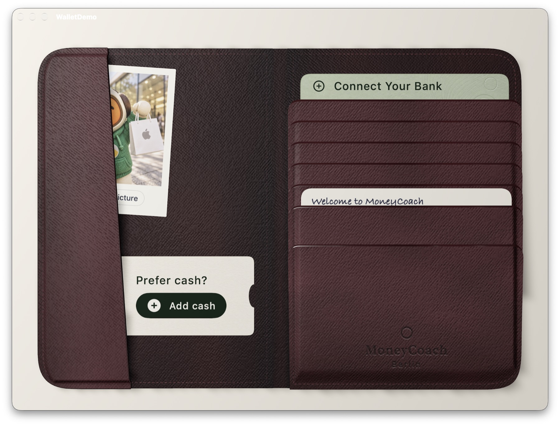 MoneyCoach 3D leather wallet open on the iPhone Duo inner display, with a photo in the left pocket and seven card pockets on the right