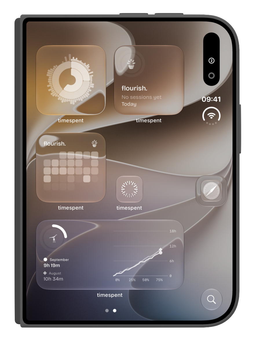 Closed iPhone Duo Home Screen with timespent widgets including a ring chart and a streak calendar