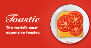 Toastie wordmark on red beside a plate of cheese and tomato on toast