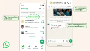 WhatsApp Adds Group Status, Permanent Pins and a Mentions Filter 6 WhatsApp group chat updates showing the mentions and replies filter, a pinned message banner and send message history