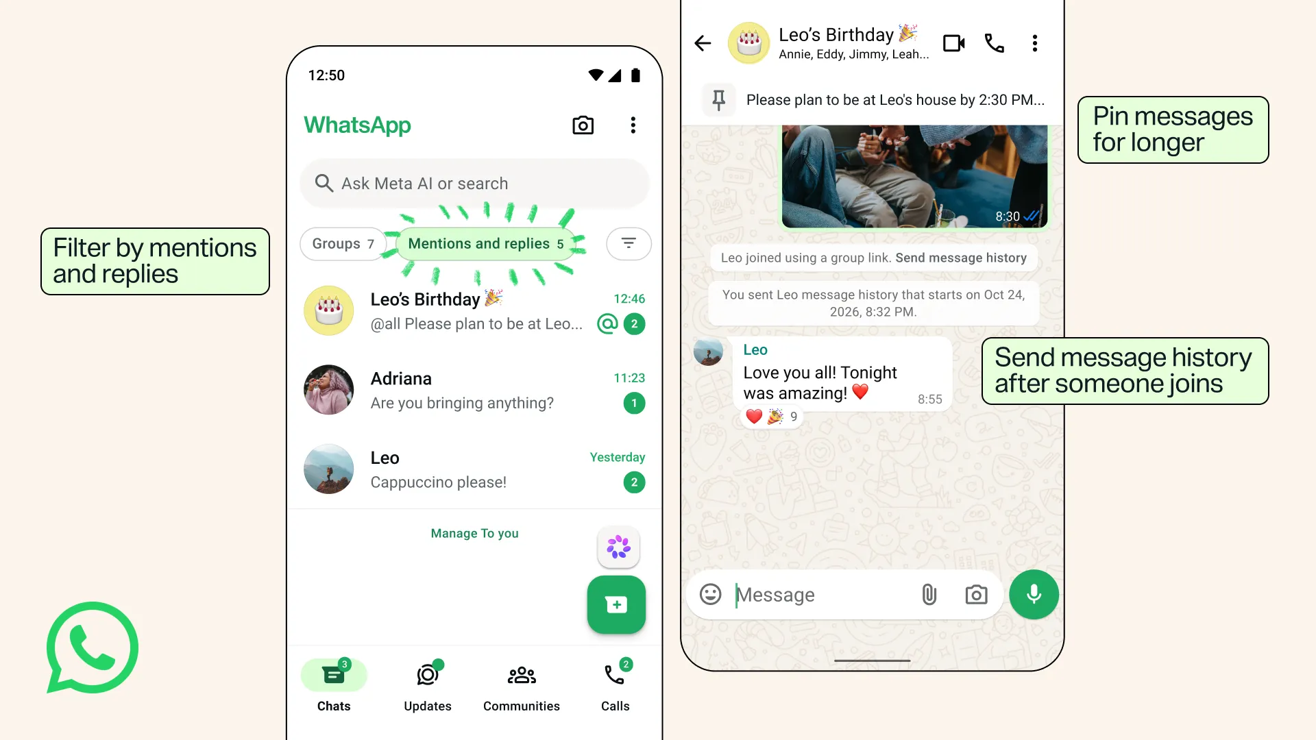 WhatsApp group chat updates showing the mentions and replies filter, a pinned message banner and send message history
